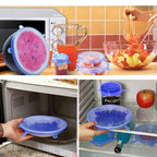 Couvercles en silicone sur un bol de fruits, un plat au micro-ondes et un pot