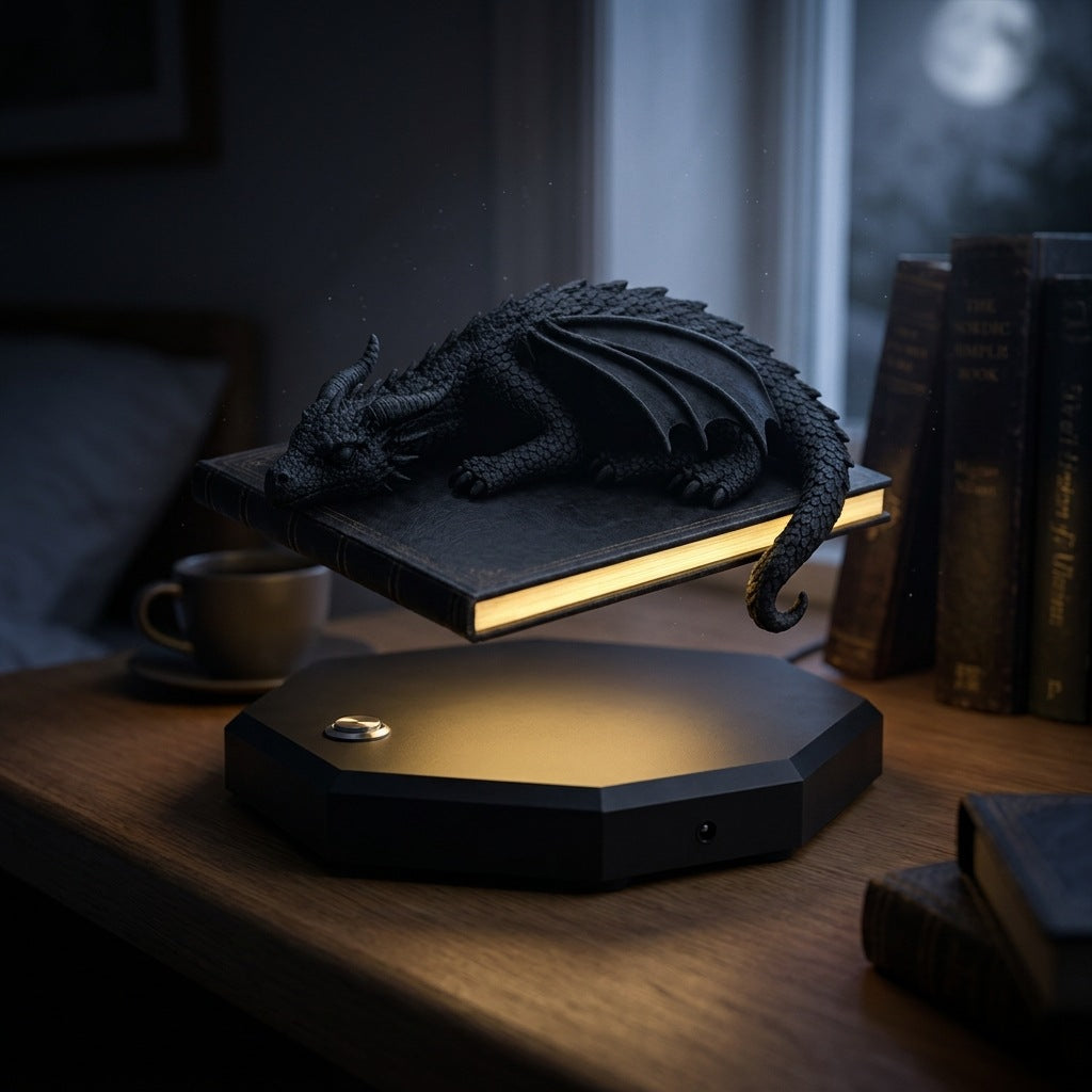 Lampe dragon sur livre en lévitation