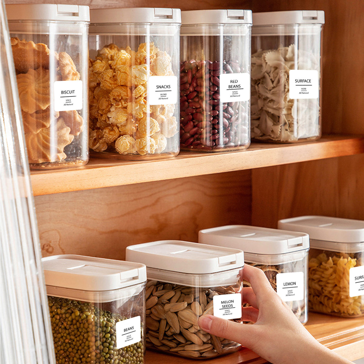 Contenants de garde-manger étiquetés, rangés sur des tablettes en bois